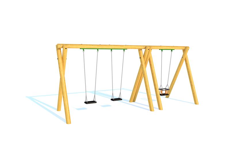 Technical render of a Timber Swing (2.4M) with Two Flat Seats and One Cradle Seat